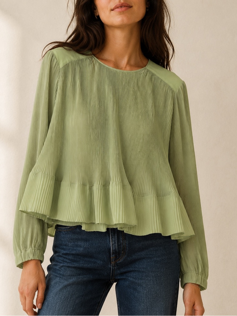 Tibi Yoke Pleated Peplum Blouse in Pistachio Green (Size 6)